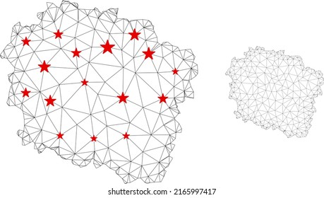 Polygonal mesh Kuyavian-Pomeranian Voivodeship map with red star centers. Abstract network connected lines and stars form Kuyavian-Pomeranian Voivodeship map.