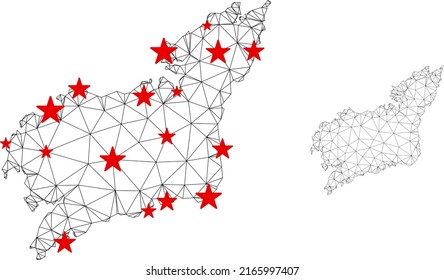 Polygonal mesh La Coruna Province map with red star centers. Abstract mesh connected lines and stars form La Coruna Province map. Vector wireframe 2D triangular network in black and red colors.
