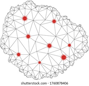 Polygonal mesh La Gomera Island map with coronavirus centers. Abstract mesh connected lines and covid- 2019 viruses form La Gomera Island map.