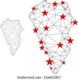 Polygonal mesh La Palma Island map with red star centers. Abstract network connected lines and stars form La Palma Island map. Vector wire frame 2D polygonal network in black and red colors.