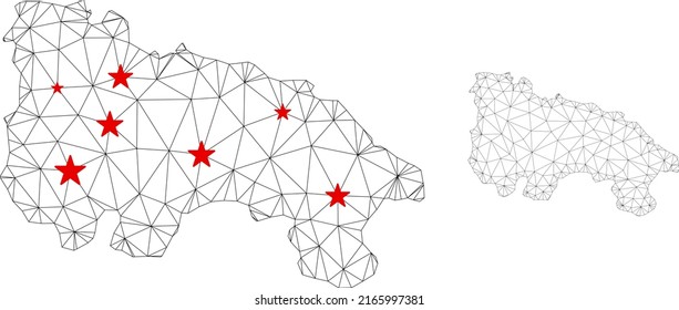 Polygonal mesh La Rioja of Spain map with red star centers. Abstract mesh connected lines and stars form La Rioja of Spain map. Vector wire frame flat polygonal network in black and red colors.