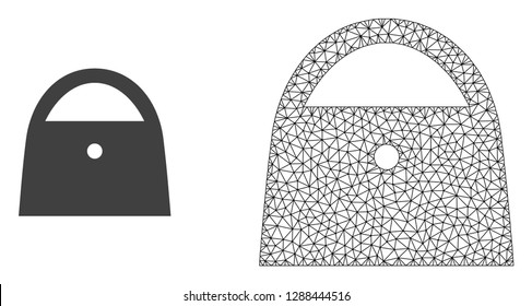 Polygonal mesh lady bag and flat icon are isolated on a white background. Abstract black mesh lines, triangles and nodes forms lady bag icon.