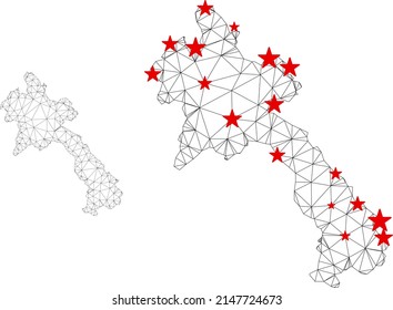 Polygonal mesh Laos map with red star centers. Abstract mesh connected lines and stars form Laos map. Vector wireframe 2D polygonal network in black and red colors.