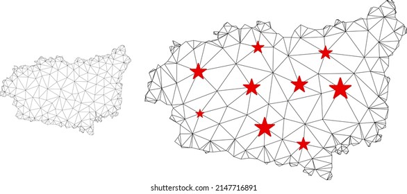 Polygonal mesh Leon Province map with red star centers. Abstract mesh connected lines and stars form Leon Province map. Vector wireframe 2D polygonal network in black and red colors.