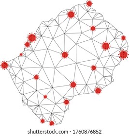 Mapa poligonal de Lesotho con centros de coronavirus. Resumen de las líneas conectadas a la red y de los virus covid-2019 desde el mapa de Lesoto. Vector wireframe red poligonal plana en color negro y rojo.