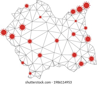 Polygonal mesh Lesser Poland Voivodeship map with coronavirus centers. Abstract mesh connected lines and covid viruses on Lesser Poland Voivodeship map.