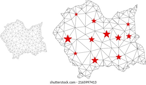 Polygonal mesh Lesser Poland Voivodeship map with red star centers. Abstract network connected lines and stars form Lesser Poland Voivodeship map.