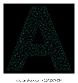 Polygonal mesh letter A. Abstract lines, triangles and points organized into letter A. Wire frame 2D polygonal line network in vector format on a dark blue background.