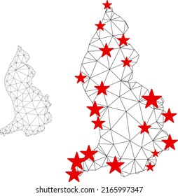 Mapa de Liechtenstein de malla poligonal con centros de estrellas rojas. Resumen de las líneas y estrellas conectadas en malla del mapa de Liechtenstein. Red poligonal 2D del marco de cables vectores en colores negro y rojo.