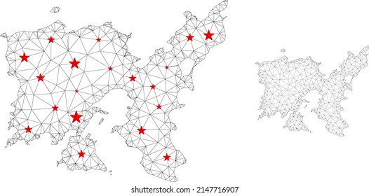 Polygonal mesh Limnos Greek Island map with red star centers. Abstract mesh connected lines and stars form Limnos Greek Island map. Vector wireframe flat polygonal network in black and red colors.