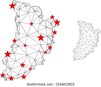 Polygonal mesh Lleida Province map with red star centers. Abstract net connected lines and stars form Lleida Province map. Vector wireframe flat polygonal network in black and red colors.