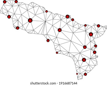 Polygonale Maschendrehkarte von Abchasien. Abstrakte Maschenlinien und Schlösser bilden eine Karte von Abchasien. Vektor-Draht Rahmen 2D polygonale Linie Netzwerk in schwarzer Farbe mit roten Schlössern.