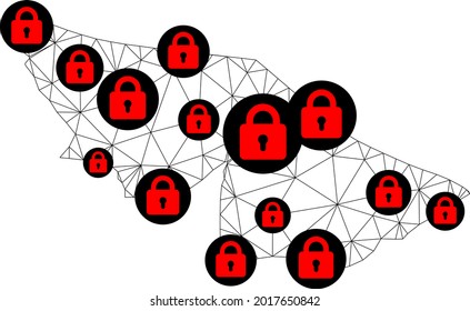 Polygonale Maschenversperrkarte des Acre State. Abstrakte Maschenlinien und Schlösser bilden eine Karte des Acre State. Vektor-Draht Rahmen 2D polygonale Linie Netzwerk in schwarzer Farbe mit roten Schlössern.