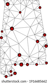 Mapa poligonal de bloqueo de malla del estado de Alabama. Resumen de líneas de malla y cerraduras de mapa del estado de Alabama. Red de línea poligonal 2D del marco de alambre de vectores en color negro con cerraduras rojas.