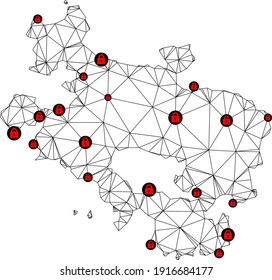 Polygonal mesh lockdown map of Alava Province. Abstract mesh lines and locks form map of Alava Province. Vector wire frame 2D polygonal line network in black color with red locks.