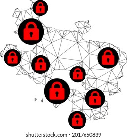 Polygonal mesh lockdown map of Alava Province. Abstract mesh lines and locks form map of Alava Province. Vector wire frame 2D polygonal line network in black color with red locks.