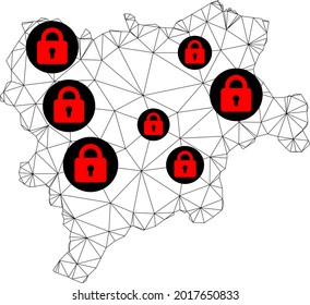 Polygonal mesh lockdown map of Albacete Province. Abstract mesh lines and locks form map of Albacete Province. Vector wire frame 2D polygonal line network in black color with red locks.