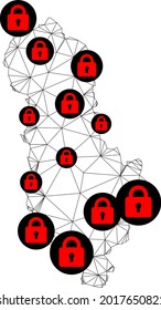 Polygonal mesh lockdown map of Albania. Abstract mesh lines and locks form map of Albania. Vector wire frame 2D polygonal line network in black color with red locks.