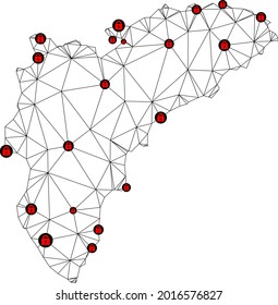 Polygonal mesh lockdown map of Alicante Province. Abstract mesh lines and locks form map of Alicante Province. Vector wire frame 2D polygonal line network in black color with red locks.