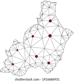 Polygonal mesh lockdown map of Almeria Province. Abstract mesh lines and locks form map of Almeria Province. Vector wire frame 2D polygonal line network in black color with red locks.