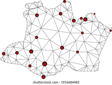 Polygonal mesh lockdown map of Amazonas State. Abstract mesh lines and locks form map of Amazonas State. Vector wire frame 2D polygonal line network in black color with red locks.