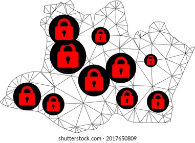 Polygonal mesh lockdown map of Amazonas State. Abstract mesh lines and locks form map of Amazonas State. Vector wire frame 2D polygonal line network in black color with red locks.