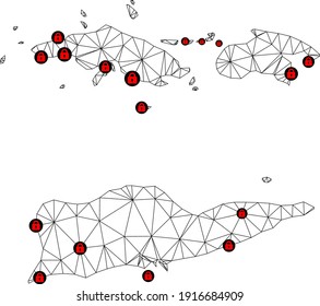 Polygonal mesh lockdown map of American Virgin Islands. Abstract mesh lines and locks form map of American Virgin Islands. Vector wire frame 2D polygonal line network in black color with red locks.