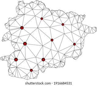 Polygonal mesh lockdown map of Andorra. Abstract mesh lines and locks form map of Andorra. Vector wire frame 2D polygonal line network in black color with red locks. Frame model for patriotic posters.
