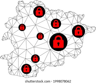 Polygonal mesh lockdown map of Andorra. Abstract mesh lines and locks form map of Andorra. Vector wire frame 2D polygonal line network in black color with red locks.