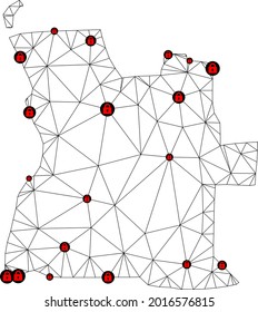 Polygonal mesh lockdown map of Angola. Abstract mesh lines and locks form map of Angola. Vector wire frame 2D polygonal line network in black color with red locks. Frame model for political purposes.