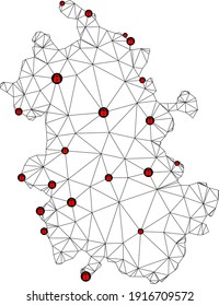 Polygonale Maschendrehkarte der Provinz Anhui. Abstrakte Maschenlinien und Schlösser bilden eine Karte der Provinz Anhui. Vektor-Draht Rahmen 2D polygonale Linie Netzwerk in schwarzer Farbe mit roten Schlössern.
