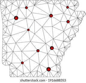 Mapa poligonal de bloqueo de malla del estado de Arkansas. Resumen de líneas de malla y bloqueos de un mapa del estado de Arkansas. Red de línea poligonal 2D del marco de alambre de vectores en color negro con cerraduras rojas.