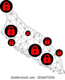 Polygonal mesh lockdown map of Aruba Island. Abstract mesh lines and locks form map of Aruba Island. Vector wire frame 2D polygonal line network in black color with red locks.