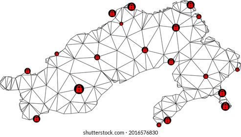 Polygonal mesh lockdown map of Arunachal Pradesh State. Abstract mesh lines and locks form map of Arunachal Pradesh State. Vector wire frame 2D polygonal line network in black color with red locks.
