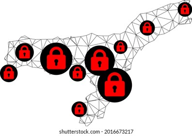 Polygonal mesh lockdown map of Assam State. Abstract mesh lines and locks form map of Assam State. Vector wire frame 2D polygonal line network in black color with red locks.