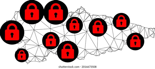 Polygonal mesh lockdown map of Asturias Province. Abstract mesh lines and locks form map of Asturias Province. Vector wire frame 2D polygonal line network in black color with red locks.