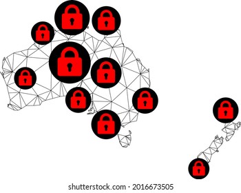 Polygonal mesh lockdown map of Australia and New Zealand. Abstract mesh lines and locks form map of Australia and New Zealand.