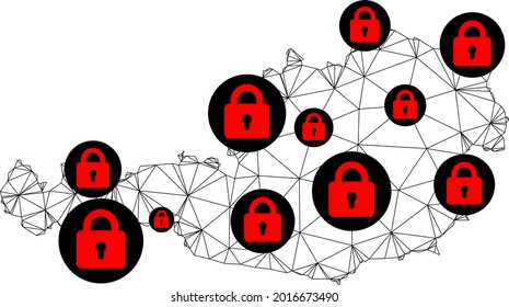 Polygonal mesh lockdown map of Austria. Abstract mesh lines and locks form map of Austria. Vector wire frame 2D polygonal line network in black color with red locks.