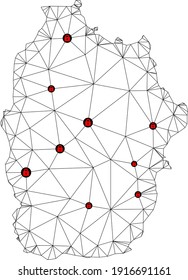 Polygonal mesh lockdown map of Azores - Flores Island. Abstract mesh lines and locks form map of Azores - Flores Island. Vector wire frame 2D polygonal line network in black color with red locks.