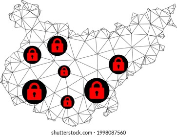 Polygonal mesh lockdown map of Badajoz Province. Abstract mesh lines and locks form map of Badajoz Province. Vector wire frame 2D polygonal line network in black color with red locks.