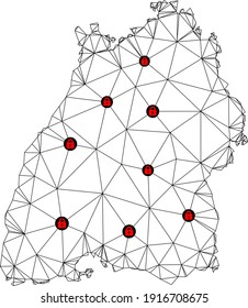 Polygonal mesh lockdown map of Baden-Wurttemberg State. Abstract mesh lines and locks form map of Baden-Wurttemberg State. Vector wire frame 2D polygonal line network in black color with red locks.