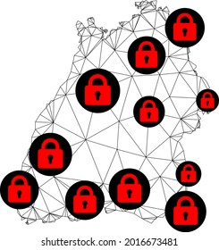 Polygonal mesh lockdown map of Baden-Wurttemberg State. Abstract mesh lines and locks form map of Baden-Wurttemberg State. Vector wire frame 2D polygonal line network in black color with red locks.