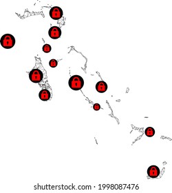 Polygonal mesh lockdown map of Bahamas Islands. Abstract mesh lines and locks form map of Bahamas Islands. Vector wire frame 2D polygonal line network in black color with red locks.