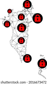 Polygonal mesh lockdown map of Bahrain. Abstract mesh lines and locks form map of Bahrain. Vector wire frame 2D polygonal line network in black color with red locks. Frame model for safety purposes.