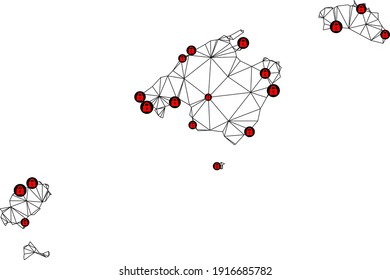 Polygonal mesh lockdown map of Baleares Province. Abstract mesh lines and locks form map of Baleares Province. Vector wire frame 2D polygonal line network in black color with red locks.