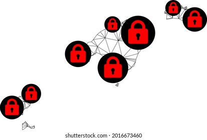 Polygonal mesh lockdown map of Baleares Province. Abstract mesh lines and locks form map of Baleares Province. Vector wire frame 2D polygonal line network in black color with red locks.
