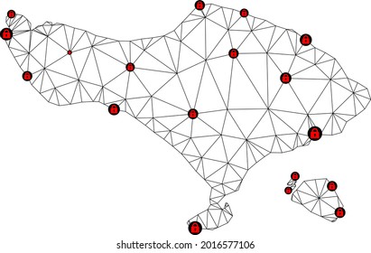 Mapa poligonal de bloqueo de malla de la isla de Bali. Resumen de líneas de malla y cerraduras de un mapa de la isla de Bali. Red de línea poligonal 2D del marco de alambre de vectores en color negro con cerraduras rojas.