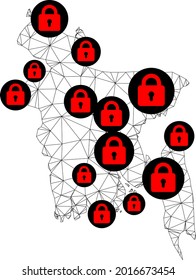 Polygonal mesh lockdown map of Bangladesh. Abstract mesh lines and locks form map of Bangladesh. Vector wire frame 2D polygonal line network in black color with red locks.