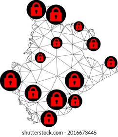 Polygonal mesh lockdown map of Barcelona Province. Abstract mesh lines and locks form map of Barcelona Province. Vector wire frame 2D polygonal line network in black color with red locks.