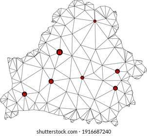 Polygonal mesh lockdown map of Belarus. Abstract mesh lines and locks form map of Belarus. Vector wire frame 2D polygonal line network in black color with red locks.